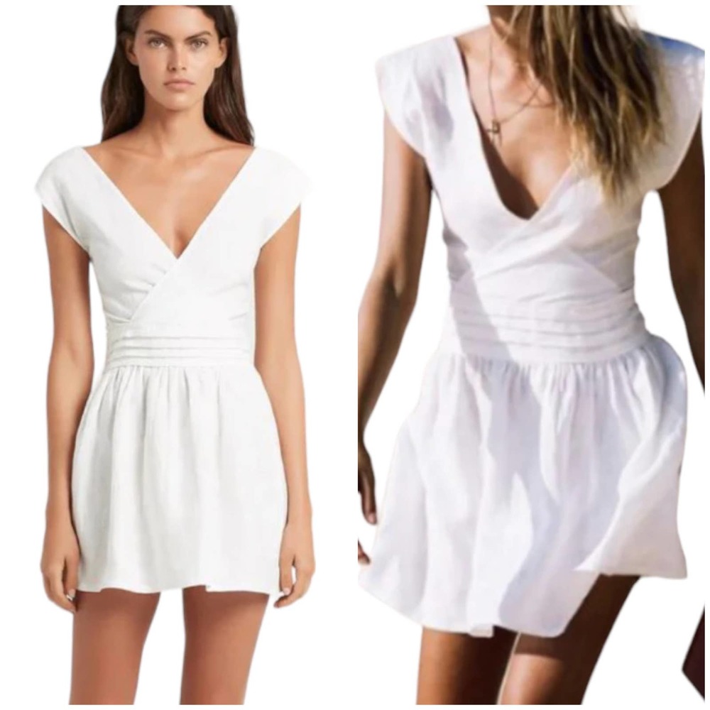 SIR The Label Patti Mini Dress 100% Linen White Size 0 Pleated Boho Vibe Beach